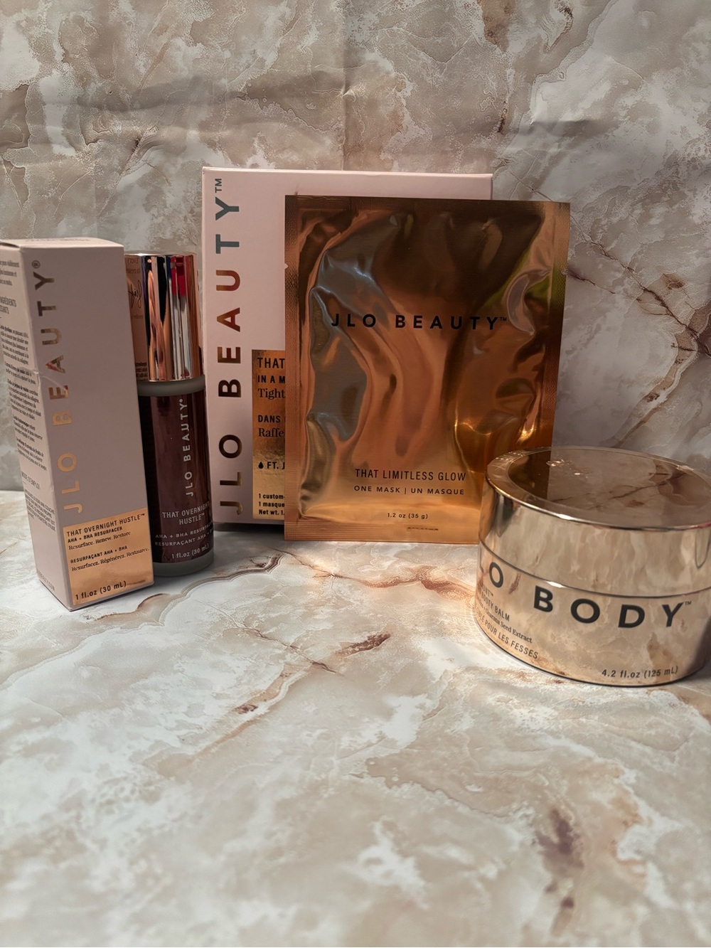 JLO beauty kit face mask, that overnight hustle and jlo bodyRose Gold